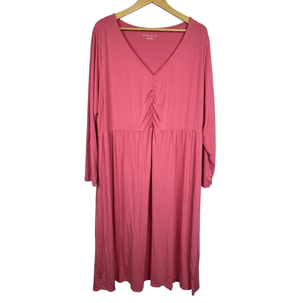 AVA & VIV Women's Plus Size 2X Long Sleeve Ruched Jersey Maxi Dress Salmon Pink